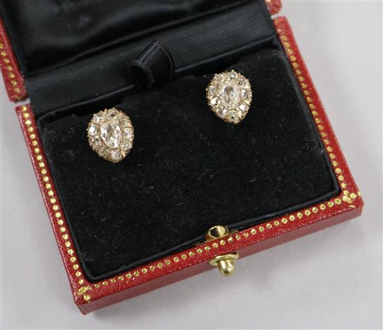 A pair of yellow metal and pear shaped diamond cluster ear studs, 12mm.